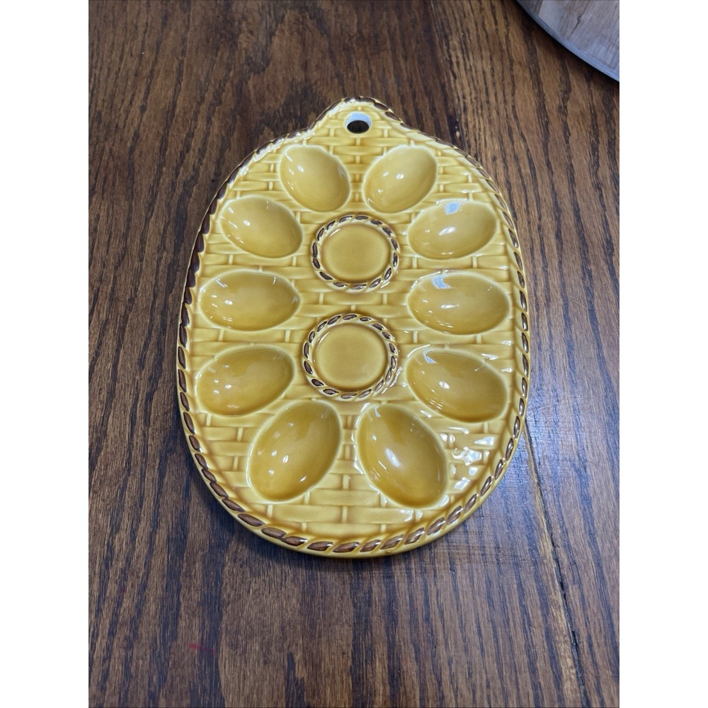 Vintage Japan Yellow Brown Ceramic Basketweave Deviled Egg Tray Spot For Shakers